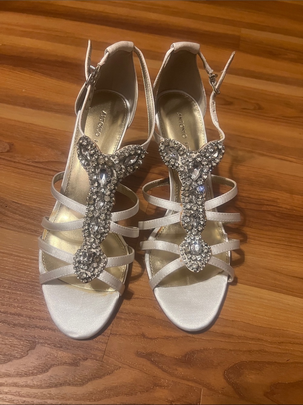ANTONIO MELANI Silver Crystal T-Strap Heels